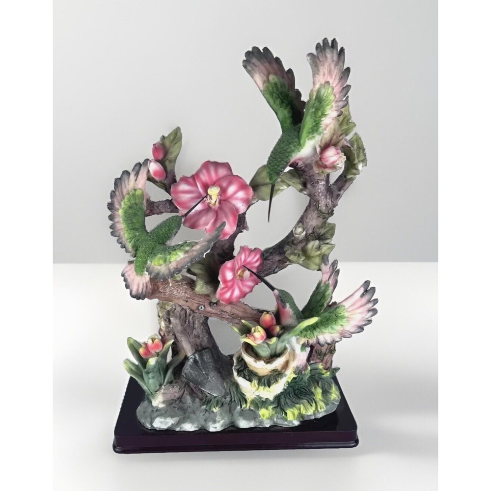 MayRich Fluttering Hummingbird Nature-Inspired Floral Table Sculpture Wood Base